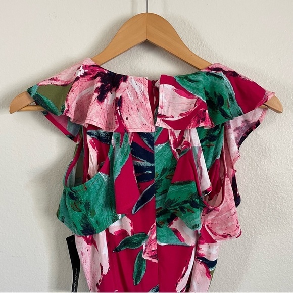 NWT Maggy London Ruffle V-Neck Floral Print Maxi Dress Cold Shoulder Size 4P - Picture 7 of 13